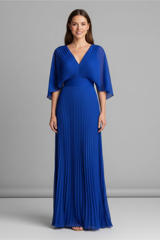 Women’s Dress with V-Neckline and Pleated Maxi Skirt - Spring Wedding Guest