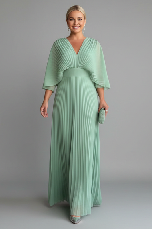Women’s Dress with V-Neckline and Pleated Maxi Skirt - Spring Wedding Guest
