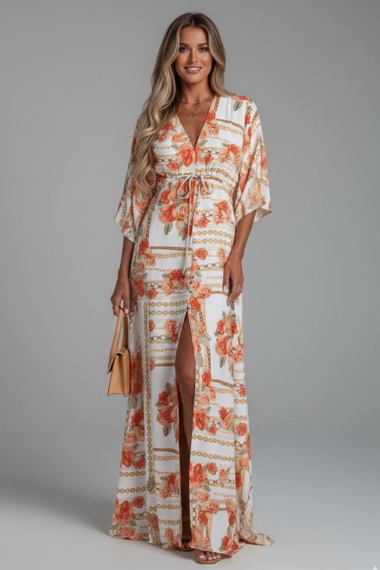 Women’s Maxi Dress with V Neckline and Tie Waist - Boho Spring Guest