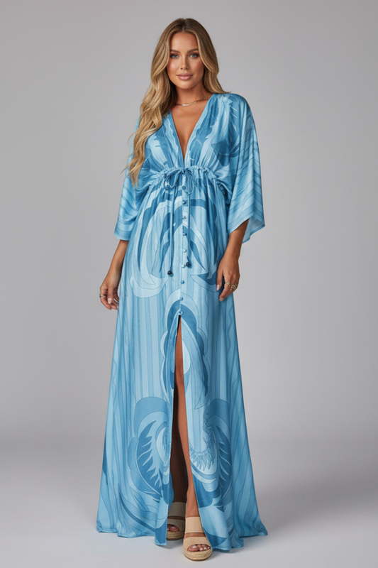 Women’s Maxi Dress with V Neckline and Tie Waist - Boho Spring Guest