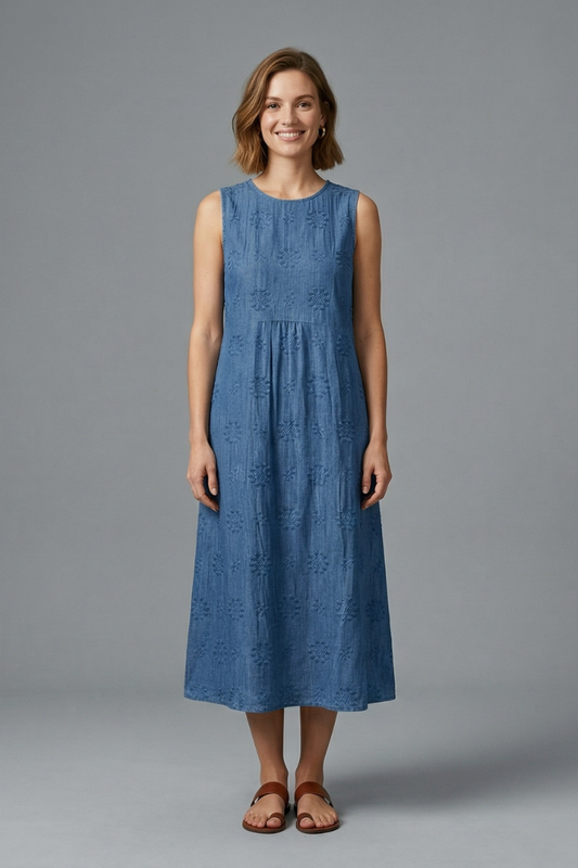 Women’s Midi Dress with Round Neck and Sleeveless Design - Casual Summer Beach
