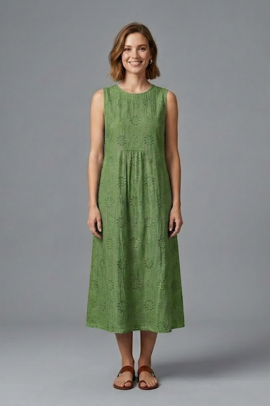 Women’s Midi Dress with Round Neck and Sleeveless Design - Casual Summer Beach