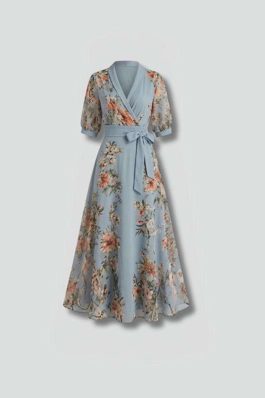 Women’s Midi Dress with V-Neck and Floral Pattern - Spring Garden Party