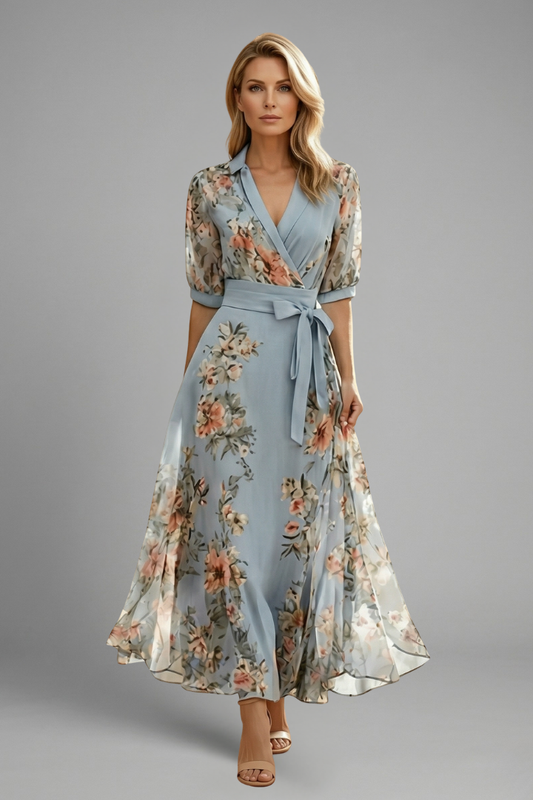Women’s Midi Dress with V-Neck and Floral Pattern - Spring Garden Party