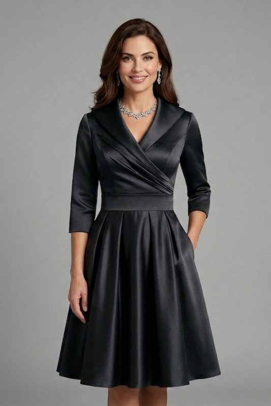 Women’s Midi Dress with V Neck and Pleated Waist - Elegant Wedding Guest