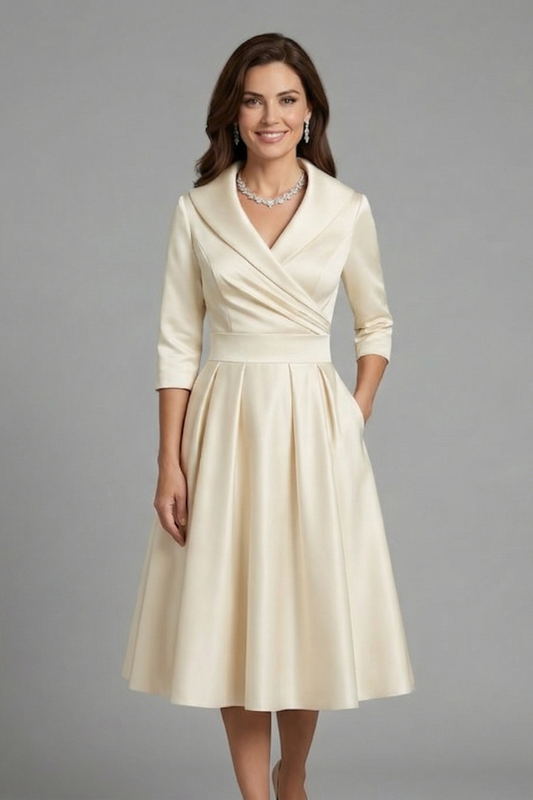 Women’s Midi Dress with V Neck and Pleated Waist - Elegant Wedding Guest