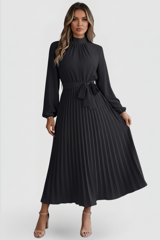 Women’s Pleated Dress with Long Sleeves and Waist Tie - Wedding Guest