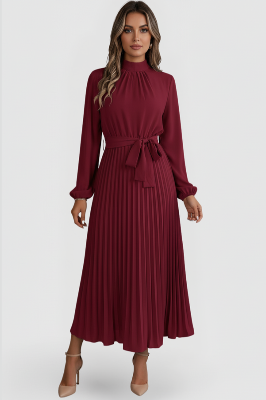 Women’s Pleated Dress with Long Sleeves and Waist Tie - Wedding Guest