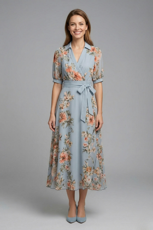Women’s Wrap Dress with V-Neck and Waist Tie - Boho Casual Beach Wear
