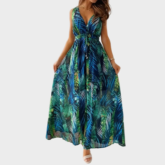 Women’s Maxi Dress with V Neckline and Sleeveless Design - Summer Beach Party