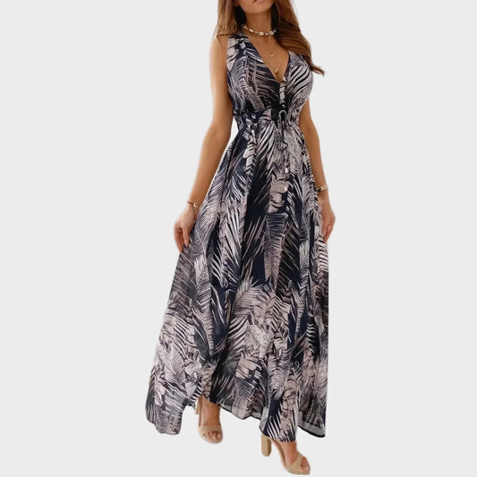 Women’s Maxi Dress with V Neckline and Sleeveless Design - Summer Beach Party
